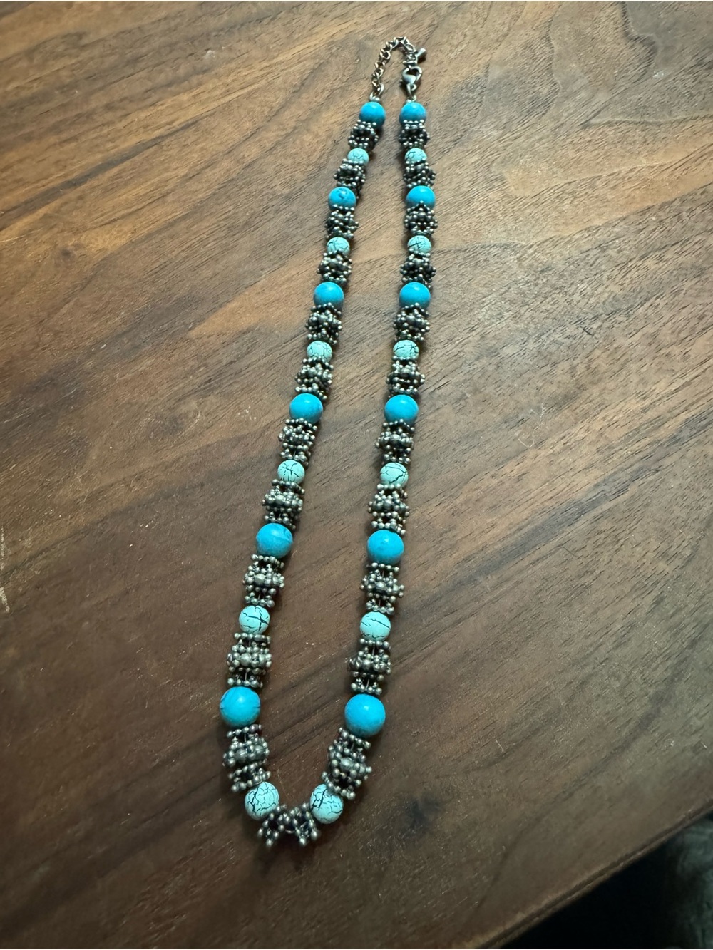 Silvertoned Turquoise/Antiqued Beaded Necklace